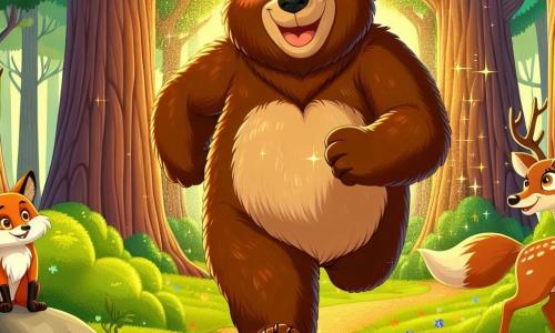 Un giovane orso marrone, grande e peloso, si trova al centro della scena, con un grande sorriso sul volto, gli occhi brillanti di gioia e fiducia. Sta correndo lungo un sentiero nel bosco, le sue robuste zampe colpiscono il suolo con entusiasmo, mentre una leggera brezza fa danzare il suo pelo. Alla sua destra, una volpe rossa, agile e maliziosa, osserva con ammirazione, i suoi occhi scintillanti di orgoglio. A sinistra, un maestoso cervo con grandi corna si erge, mostrando un sorriso benevolo e occhi pieni di incoraggiamento, alzando una zampa come per applaudire la performance dell'orso. Il contesto è una foresta incantata, con alberi dai tronchi spessi e foglie di un verde brillante, che filtrano la luce del sole creando riflessi dorati sul terreno. Fiori colorati punteggiano il sentiero, aggiungendo un tocco di magia all'ambiente. La scena rappresenta il momento in cui l'orso, pieno di determinazione, partecipa a una corsa nel bosco, superando i suoi dubbi e celebrando la sua fiducia in sé, circondato dai suoi amici che lo incoraggiano con entusiasmo.