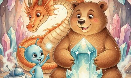 Bruno, un grande orso bruno peluche dagli occhi dolci, sorride tenendo delicatamente un grande cristallo blu-verde sfaccettato appoggiato su una pietra; Zog, un piccolo alieno azzurro dalla pelle liscia e occhi neri, è eccitato e indica il cristallo con un'antenna luminosa vicino a una navetta spaziale in miniatura; un drago di fuoco, grande ma calmo, dalle scaglie rosso-arancio con riflessi dorati, è accovacciato a semicerchio dietro il cristallo come guardiano; la grotta è ampia con pareti di cristalli multicolori che riflettono luci rosa, violette e turchesi, pavimento umido con piccole pozze scintillanti e vapori leggeri; scena illuminata dalla luce del cristallo, momento di amicizia e atmosfera magica, colori tenui e contrasti luminosi, stile acquerello dettagliato con texture di carta e spruzzi controllati.