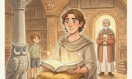 Im Zentrum steht Leandros mit ruhigem, erstaunten Gesicht, leicht lockigem braunem Haar und einfachem beigen Mantel, er hebt behutsam ein großes altes Buch auf einem goldenen Kissen; links hinter einer Säule beobachtet ein etwa neunjähriger Junge mit lockigem Haar neugierig aus dem Schatten; am Eingang wartet der alte Antonios (ca. 70) mit kurzem weißem Bart in schlichter, wohlhabender Robe, die Hände verschränkt und freundlich lächelnd; nahe dem Buch auf einem Sockel sitzt eine Steineule mit blauen Glaseinsätzen, die leicht lebendig wirkt; der Ort ist eine kleine unterirdische Kammer unter der Hagia Sophia mit niedrigen steinernen Gewölben, staubigen Büchern und verblassten Mosaiken; ein goldenes, magisches Licht aus dem Buch der Harmonie erleuchtet die Gesichter und wirft sanfte Schatten, Stimmung: Entdeckung, Ruhe und Respekt.