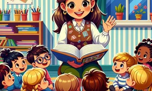 Frau Müller, eine Frau in den Fünfzigern, steht in der Mitte der Bühne mit einem warmen Lächeln und funkelnden Augen. Sie trägt eine bunte Bluse mit Mustern von Büchern und Stiften, und ihre braunen Haare sind zu einem unordentlichen Dutt gebunden. Sie sitzt auf einem Stuhl, umgeben von Kindern, und hält ein großes, aufgeschlagenes Bilderbuch vor sich. Max, ein 8-jähriger Junge mit Brille und zerzausten braunen Haaren, sitzt auf dem Boden mit leuchtenden Augen und hebt die Hand, um eine Frage zu stellen. Neben ihm schaut Lisa, ein 7-jähriges Mädchen mit geflochtenen blonden Haaren, aufmerksam und lächelt, bereit, der Geschichte zuzuhören. Emma, ein 6-jähriges Mädchen mit Zöpfen und einem Blumenkleid, sitzt im Schneidersitz mit den Händen auf den Knien, ungeduldig, die nächste Abenteuer zu hören. Die Szene spielt in einem hellen Klassenzimmer mit Wänden, die mit Kinderzeichnungen dekoriert sind, und Regalen voller bunter Bücher. Fenster lassen Sonnenlicht herein, das die Gesichter der Kinder beleuchtet und eine warme, einladende Atmosphäre schafft. Frau Müller erzählt eine fesselnde Geschichte, umgeben von ihren aufmerksamen Schülern, die alle gespannt darauf warten, die Abenteuer des kleinen mutigen Frosches zu entdecken. Die Stimmung ist fröhlich und voller Begeisterung, was die Liebe zum Lernen und die Magie der geteilten Geschichten zeigt.
