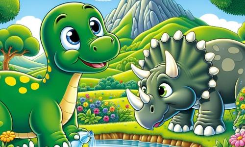 Dippy, ein fröhlicher Diplodocus mit einem langen grünen Hals und gelben Flecken, steht am Rand eines kleinen glitzernden Teiches, seine großen Augen leuchten vor Neugier und Freude. Er beugt sich, um Wasser zu trinken, seine massiven Beine in das grüne, üppige Gras verankert. Neben ihm steht Trixie, ein freundlicher Triceratops mit drei großen Hörnern und einer grauen Haut, lächelnd, während sie Blätter von einem benachbarten Baum knabbert. Die Landschaft ist mit bunten Blumen, großen Bäumen mit glänzenden Blättern und einem majestätischen Berg im Hintergrund gefüllt, unter einem klaren blauen Himmel mit flauschigen weißen Wolken. Die Szene strahlt eine Atmosphäre von Freude und Freundschaft aus und zeigt den Moment, in dem Dippy und Trixie gemeinsam ihre neue Umgebung entdecken.