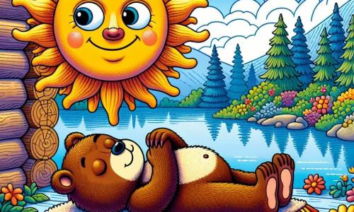 Un oso pardo suave y curioso, llamado Bruno, está acostado sobre una alfombra de lana suave, con los ojos cerrados y una ligera sonrisa en su rostro sereno. Respira profundamente, con sus patas delanteras delicadamente apoyadas en su vientre, en una postura de total relajación. A su lado, un sol antropomorfizado, con un rostro sonriente y rayos dorados que bailan a su alrededor, ilumina la escena. El sol parece alegre y benevolente, guiando a Bruno en su práctica de respiración zen. La cabaña de madera está rodeada de un jardín florido, donde flores coloridas florecen bajo la luz de la mañana, y un lago cristalino refleja el cielo azul. Árboles majestuosos bordean el lago, cuyas hojas susurran suavemente al viento. Bruno, en un momento de serenidad, practica la postura del cadáver, mientras el sol lo anima a relajarse y escuchar el silencio tranquilizador de la naturaleza.
