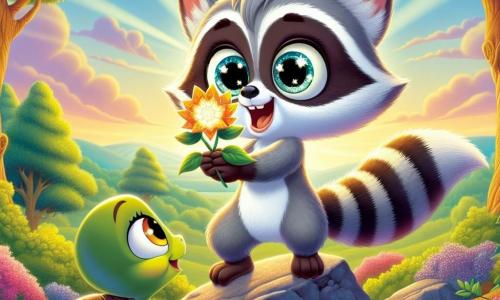 Tico, un pequeño mapache gris con ojos brillantes, está sobre una roca en la cima de una colina, con una mirada maravillada y una gran sonrisa en su rostro. Sostiene en sus pequeñas patas una flor brillante con pétalos dorados, símbolo de su aventura. A su lado, Tula, una tortuga de caparazón verde y ojos dulces, mira a Tico con orgullo, sus patas delanteras apoyadas en el suelo, mostrando una expresión de alegría y aliento. El paisaje es un hermoso cuadro de naturaleza: árboles majestuosos con hojas brillantes, flores coloridas que bailan al viento y un cielo azul salpicado de nubes esponjosas. Al fondo, el sol comienza a ponerse, proyectando tonos dorados sobre la escena. La situación principal muestra a Tico y Tula celebrando su éxito tras encontrar la flor de deseos, rodeados de una luz mágica que ilumina su camino, simbolizando la amistad y la aventura que han compartido.