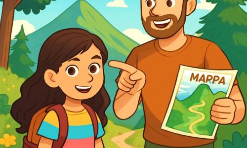 Una ragazza di 12 anni, di nome Giulia, con lunghi capelli castani ondulati e occhi pieni di curiosità, si trova sul bordo di un sentiero di montagna. Il suo viso esprime determinazione ed eccitazione, con un leggero sorriso che mostra la sua fiducia. Indossa una maglietta colorata e un pantaloncino, con uno zainetto pieno di provviste. Accanto a lei, suo padre, un uomo di quarant'anni con capelli castani e una leggera barba, sorride con orgoglio. Tiene una mappa di escursione in una mano e con l'altra mano poggiata sulla spalla di Giulia, le indica il percorso da seguire. Il luogo è una splendida montagna verdeggiante, con alberi maestosi e fiori colorati lungo il sentiero. Il cielo è di un blu brillante, punteggiato da alcune nuvole bianche e soffici. La scena principale mostra Giulia e suo padre pronti per un'avventura nella natura, con i raggi di sole che filtrano tra le foglie, simboleggiando la speranza e la gioia di esplorare insieme.