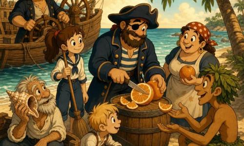 Capitano Marco, sulla quarantina, alto e robusto, benda sull’occhio sinistro e ampio cappello sugli occhi, volto sorridente, occhi curiosi e calmi, cappotto blu marinaio e camicia a righe, taglia lentamente un’arancia su una tavola appoggiata a una botte; Lucia, ~14 anni, coda di cavallo castana, viso rotondo entusiasta, semplice abbigliamento da mozzo, sta vicino alla spiaggia con una scopa pronta a muoversi; Bruno, ~40 anni, timoniere robusto con mani ruvide e giacca corta, osserva dal ponte vicino al timone; Marta, ~35 anni, cuoca tonda e allegra con grembiule macchiato, tiene un’altra arancia sotto una palma all’ombra; Piero, ~10 anni, magro e agile, capelli biondi, lega una corda vicino alle casse sulla sabbia guardando l’arancia condivisa; vecchio pescatore, ~70 anni, pelle segnata e capelli grigi arruffati, seduto in una piccola barca spiaggiata con una conchiglia all’orecchio, guarda il capitano riconoscente; un isolano adulto, ~30 anni, capelli verdi a foglia e vestiti di foglie, seduto su un tronco con le mani aperte ad accogliere una fetta d’arancia, espressione dolce e curiosa. Ambientazione: spiaggia tropicale di sabbia dorata con palme cariche d’arance, acqua turchese, cielo luminoso e la riva che riflette toni gialli; a sinistra una grande nave di legno ancorata, “Squalo Allegro”, con cordami e casse sulla sabbia. Situazione: composizione a mezza luna, scena calda e tranquilla di condivisione dell’arancia tra il capitano, l’equipaggio e gli isolani; colori saturi e contrastati, ombre morbide, texture in stile cartoon vintage, atmosfera di condivisione, curiosità e gentilezza espressa da sorrisi e gesti lenti.
