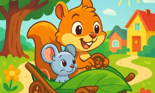 Nino, das kleine Eichhörnchen mit funkelnden Augen und goldenbraunem Fell, sitzt in seinem Entdeckomobil, einem Fahrzeug aus Blättern und Ästen, mit einem großen, aufgeregten Lächeln im Gesicht. Er hält das Lenkrad fest und ist bereit für ein Abenteuer. Neben ihm schaut die kleine graue Maus Mimi mit runden Ohren und neugierigem Blick umher, begeistert von der Aussicht. Im Hintergrund steht ein majestätischer großer Baum mit leuchtend grünen Blättern, während bunte Häuser und strahlende Blumen einen gewundenen Weg säumen. Die Szene spielt in einem sonnigen Park, wo die Sonnenstrahlen durch die Äste filtern und eine fröhliche, vielversprechende Atmosphäre schaffen. Nino und Mimi sind bereit, ihre Reise zu beginnen und die Geheimnisse der Stadt zu entdecken.