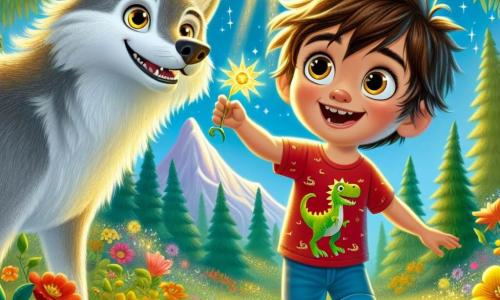 Um menino de 4 anos, chamado Tomás, com cabelos castanhos bagunçados e olhos brilhantes de curiosidade, está no centro da cena. Ele usa uma camiseta vermelha com um desenho de dinossauro e um short azul, exibindo um grande sorriso de excitação enquanto observa um lobo majestoso. O lobo, um grande animal de pelos cinzas e olhos dourados brilhantes, está ao lado de Tomás, com uma expressão suave e amigável, pronto para se libertar de seu antigo feitiço. A cena ocorre em uma clareira ensolarada, cercada por árvores altas com folhas verdes vibrantes, e flores coloridas que dançam na brisa leve. Ao longe, vê-se uma montanha majestosa, onde está a flor mágica. Tomás estende a mão em direção ao lobo, pronto para lhe entregar a flor dourada que acabou de colher, simbolizando amizade e coragem. A atmosfera está cheia de magia e esperança, enquanto o lobo se transforma, cercado por um brilho radiante.