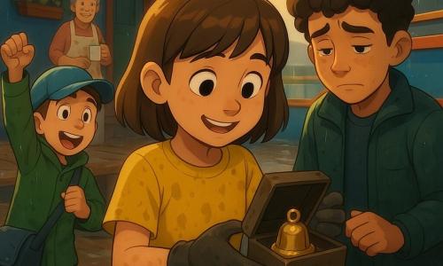 Lara, menina de 10 anos, observa uma caixinha aberta com maravilha e alívio, cabelo castanho cortado reto, camiseta amarela encharcada, mãos com luvas ligeiramente sujas segurando delicadamente um pequeno guizo de bronze brilhante; Tiago, menino de ~10 anos à esquerda, salta de excitação com boné azul e capa verde mostrando a bolsa molhada encontrada no cais; Tomás, rapaz de ~13 anos atrás à direita, aliviado mas envergonhado, cabelo encaracolado, jaqueta molhada, olhar baixo e mão no bordo da caixa como se confessasse; Dona Lina, mulher de ~50 anos junto à porta da cozinha comunitária, avental florido e uma xícara de chá, expressão doce; Inês, jovem de 20–25 anos na peniche colorida, cabelo curto, segura uma bobina de corda dourada sorrindo; cenário: cais de madeira brilhando após a chuva, peniche azul e vermelha com vasos, poças refletindo luz, cordas e caixas espalhadas; situação: o grupo descobre o guizo de bronze numa caixinha molhada vinda de uma bolsa caída na água, gestos cautelosos, misto de alívio e compaixão, fim da chuva com luz suave do sol entre nuvens; estilo visual: cores saturadas, cel-shading nítido, sombras suaves, silhuetas arredondadas, expressões bem legíveis, composição centrada em Lara e na caixa com leve profundidade de campo destacando o guizo brilhante.