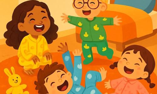 Er zijn 4 kinderen: Noor, een 5-jarig meisje met lange krullende haren en sprankelende ogen, draagt een gele pyjama met bananen en zit op de vloer te lachen. Sam, een 6-jarige jongen met rommelig bruin haar en een ondeugende glimlach, draagt een blauwe pyjama met wolken en rolt op de grond met zijn armen in de lucht, lachend. Bram, een 5-jarige jongen met ronde brillen en blond haar, draagt een groene pyjama met eenden en probeert staande zijn evenwicht te houden, terwijl hij lacht. Lila, een 4-jarig meisje met vlechten en roze wangen, draagt een roze pyjama met kleine sokken en ligt op de vloer te lachen met de anderen. De ruimte is een gezellige kamer met pastelgekleurde muren, schitterende sterren aan het plafond en een groot, zacht tapijt op de vloer. Kleurige knuffels liggen verspreid om hen heen, en een zachte licht komt van een maanvormige lamp. De kinderen lachen vrolijk om hun te grote of te kleine pyjama's, wat een sfeer van geluk en vriendschap creëert voordat ze in slaap vallen.