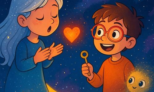 A woman named Liora, with silver hair sparkling like stars, stands on the edge of a small shining moon. Her face expresses curiosity and gentleness, her eyes sparkling with wonder as she softly sings to a small glowing heart. Beside her, a boy named Jor, about 10 years old, wearing colorful glasses and a broad smile, admires Liora while holding a small key-shaped tool. A little further away, a small creature made of stardust, with round shiny eyes, looks at Liora with an expression of hope. The setting is a celestial landscape, with twinkling stars and colorful nebulae in the background. The moon they are on is dotted with luminescent flowers and small crystals shining in the starlight. The main scene shows Liora singing to soothe the hesitant glowing heart, while Jor and the little creature watch with expressions of encouragement and wonder.