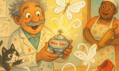 A round-faced, mustachioed inventor with messy light-gray hair, smiling and surprised, wears a paint-stained smock and holds a shiny mechanical device that spins and flashes; a small black-and-white cat named Whiskers with big curious eyes leaps onto the workbench to catch flying shoelaces; Mrs. Twinkle, a warm, plump 45-year-old baker in a floral apron, watches from the doorway with a rolling pin; the cluttered, colorful workshop has sketches on the walls, shelves of springs, gears and red buttons, and a soft-window light; the device called Whiz-Bang makes a large white lace dance and turn into a lace butterfly, pulling a red shoe across the floor in a joyful, playful, slightly chaotic scene.