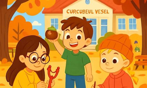 Există 3 personaje: - Ana: o fetiță de 8 ani, cu părul lung castaniu și ochelari rotunzi. Poartă un pulover galben și o fustă din blugi. Este ghemuită, examinând o praștie roșie strălucitoare pe care o ține în mâini. - Matei: un băiat de 9 ani, cu părul castaniu zbârlit și un zâmbet jucăuș. Poartă un tricou verde și o pereche de pantaloni albaștri. Este în picioare lângă Ana, ținând o castană mare în mână, pregătit să o arate. - Ilinca: o fetiță de 7 ani, cu părul blond împletit și o căciulă portocalie. Poartă o jachetă roz și pantaloni negri. Este puțin retrasă, desenând un copac cu frunze colorate pe o foaie de hârtie. Locul se desfășoară în curtea școlii „Curcubeul Vesel”, înconjurată de copaci mari cu frunze aurii, roșii și portocalii. Pământul este acoperit cu frunze moarte, iar un cer albastru deschis lasă să treacă câteva nori albi. Băncile din lemn sunt vizibile în fundal, iar copiii se joacă în depărtare. Situația principală arată cei trei prieteni descoperind minunile toamnei. Ana și Matei se minunază de culorile frunzelor, în timp ce Ilinca, inspirată de frumusețea naturii, desenează un copac măreț cu frunze strălucitoare.