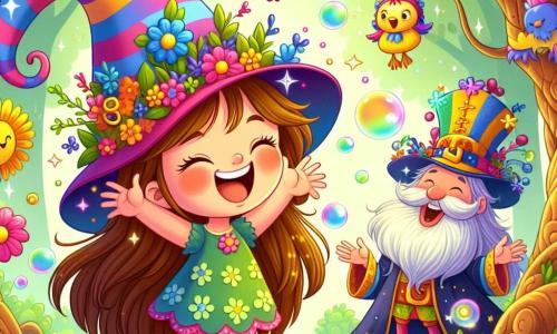 Uma menina de 6 anos, chamada Ana, está no centro do palco, com um grande sorriso no rosto. Ela tem longos cabelos castanhos e usa um chapéu colorido que muda de cor, decorado com flores e estrelas. Ana ri, e bolhas de sabão coloridas saem de seu chapéu, flutuando ao seu redor. Ao lado dela, um passarinho chamado Piupiu, com penas amarelas e azuis, voa alegremente, fazendo piruetas. Um pouco mais longe, o Rei Barulhento, um homem de meia-idade com uma grande barba e um chapéu extravagante, ri de coração, com os braços levantados em sinal de alegria. A cena se passa em uma floresta encantada, cercada por árvores com troncos torcidos e folhas brilhantes, enquanto flores dançam ao redor, e um raio de sol suave filtra pelas ramas, criando uma atmosfera mágica e alegre. Ana, com seu sorriso radiante, encontra uma pequena varinha mágica no chão, emitindo faíscas coloridas, enquanto Piupiu voa ao seu redor e o Rei Barulhento aplaude, criando um clima de festa e aventura.