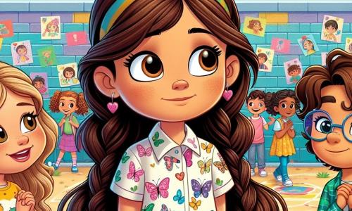 No centro da imagem, Clara, uma menina de 8 anos com longos cabelos castanhos trançados, usa uma blusa com estampas de borboletas coloridas. Seu rosto expressa determinação misturada com leve nervosismo, enquanto ela se mantém ereta, com as mãos nos quadris, pronta para defender seu ponto de vista. À sua esquerda, Sofia, outra menina de 8 anos com cabelos loiros e cacheados, olha para Clara com admiração, seus olhos brilhando de apoio. À direita, Miguel, um garoto de 9 anos com óculos e cabelos castanhos, sorri e acena com a cabeça, mostrando que concorda com Clara. A cena ocorre em um pátio escolar animado, cercado por paredes coloridas e desenhos de crianças, com árvores verdes ao fundo e colegas de classe brincando ao longe. No chão, jogos de recreação são visíveis, adicionando vida ao ambiente. A situação principal mostra Clara, Sofia e Miguel juntos, unidos diante de um grupo de colegas que riem. Clara fala corajosamente, afirmando que todos merecem respeito, enquanto seus amigos a incentivam, criando uma atmosfera de solidariedade e força.