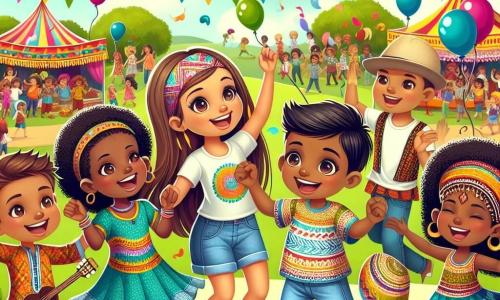 An illustration depicts a smiling little girl with long brown hair and sparkling eyes, wearing a colorful t-shirt and denim shorts. She joyfully dances with her arms raised, surrounded by bright colors and festive decorations. Next to her is an Indian boy with caramel skin and black hair, wearing a patterned t-shirt and light pants, laughing and clapping to the music with contagious joy. A little further away, a young African woman with curly hair and a colorful dress dances gracefully, her face lit up by a big smile. The main setting is a lively park filled with colorful tents representing different cultures, with fluttering flags and appetizing food stalls. Multicolored balloons float in the blue sky, and children of all backgrounds play together on the green grass. The main scene shows the little girl and her friends dancing together at a cultural festival, celebrating diversity and unity through music and dance, accompanied by traditional musical instruments, typical dishes from various cuisines, and festive decorations that evoke joy and harmony among cultures.