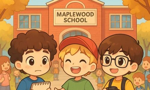 There are three characters: Leo, a 12-year-old boy with curly brown hair wearing a blue T-shirt and jeans, holding a sketchbook in his hands, looking with a mix of excitement and nervousness; Max, a 12-year-old boy with blonde hair and a red cap, dressed in a green T-shirt and shorts, smiling broadly and giving a friendly gesture towards Leo; and Sam, a 12-year-old boy with brown hair and glasses, wearing a yellow T-shirt and black pants, holding a camera ready to capture the moment, standing next to Max. The main setting is the entrance of Maplewood School, a red brick building with large windows and a flag waving in the wind, surrounded by trees with golden leaves, with students of all ages gathering around, laughing and chatting, creating a vibrant and lively atmosphere. The main scene shows Leo, Max, and Sam standing together in front of the school, Leo nervously looking at the building while Max and Sam encourage him with bright smiles. Sunlight illuminates the scene, adding a warm touch to this back-to-school moment.