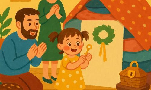 O fetiță de 4 ani, față rotundă, obraji roz și păr șaten în cozi, zâmbește uimită ținând o cheiță aurie; poartă o rochiță galbenă cu buline albe și șosete în dungi, ochi strălucitori; lângă ea, tatăl (~35 ani) cu barbă scurtă și pulover albastru este cocoțat privind cheia și aplaudând ușor, iar mama (~33 ani) cu părul prins, în rochie verde, stă în picioare în spatele "cabaniei" din perne, cu mâinile împreunate și zâmbet blând; scena are loc într-un living cald cu parchet deschis, perne îngrămădite formând o cabană acoperită cu o pătură cu buline, o masă mică cu cozonac și ouă vopsite, un coș de nuiele cu un lacăt strălucitor pe un taburet și ouă colorate împrăștiate, iar pe ușa de hârtie a cabanei atârnă o coroniță verde cu un șnur galben de care este prinsă cheia; paleta picturală e vie, cu galben cald, verde blând, albastru moale și accente de roz și ciocolatiu, texturi de pensulă vizibile și contururi moi.