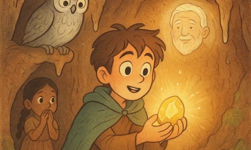 Un tânăr — Dara — cu față blândă, păr castaniu dezordonat și ochi mari mirați îngenunchează ținând o piatră strălucitoare ce emite o lumină aurie; poartă o mantie verde șifonată, expresie uimită și plină de speranță; o bufniță bătrână cu pene argintii este așezată pe o stalactită deasupra lui, privind piatra; portretul luminos al bunicului apare ca o mică vignetă în fundul grotei, zâmbind binevoitor; o fetiță din vale, de circa 7 ani, cu părul împletit și rochie simplă, stă la intrarea grotei în stânga, la jumătate în umbră, cu mâinile la gură privind admirativ; grota e profundă și caldă, pereți brun-ocri, mușchi verde strălucitor și picături care reflectă lumina pietrei; momentul principal: piatra vindecă tristețea trecută, lumina aurie inundă grota creând reflexii sclipitoare pe chipuri și o atmosferă blândă, pașnică și plină de speranță; stil grafic: culori pastel calde, linii rotunjite, texturi moi, expresii exagerate dar tandre, ambianță fantasy istorică.