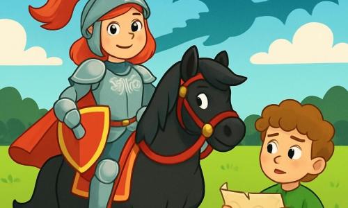 Een moedige ridder, genaamd Elise, staat trots op haar zwarte paard, Storm. Ze draagt een glanzend harnas versierd met bloemmotieven en haar gezicht straalt vastberadenheid uit met een zelfverzekerde glimlach. Naast haar staat een jonge schildknaap van 10 jaar, met krullend haar en sprankelende ogen, die een opgerolde kaart vasthoudt, bezorgd maar klaar om te helpen. Op de achtergrond strekt een uitgestrekt groen veld zich uit onder een blauwe lucht met witte wolken, met een dicht bos aan de horizon. De hoofdscène toont Elise en haar schildknaap die zich voorbereiden om een pad te kiezen, omringd door de dreigende schaduw van een draak die boven hen zweeft, wat een zowel spannende als mysterieuze sfeer creëert.