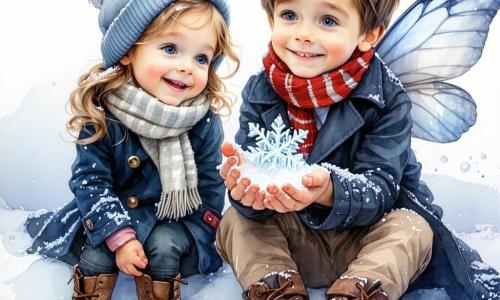 Een achtjarige jongen met warrig lichtbruin haar en door de kou roze wangen, verwonderd en glimlachend, in een donkerblauwe jas en rood-wit gestreepte sjaal, houdt voorzichtig een groot fonkelend sneeuwvlokje in zijn handpalm; een piepkleine sneeuwfee met rijpbleke huid, doorschijnende zilverachtige jurk en fijne glinsterende vleugels glimlacht en zweeft boven zijn hand in zacht licht; zijn moeder van ongeveer 35 jaar met opgestoken bruin haar en een warme groene jas staat bij de deur van een houten huisje een paar stappen achter hen met een kop dampende warme chocolademelk, terwijl het dorp bedekt is met dikke witte sneeuw, kleine houten huisjes met besneeuwde daken en gouden lichtjes aan de ramen en een grote versierde den in het midden onder een diepblauwe schemerlucht met sterren en vallende vlokken — hoofdscène: de jongen ontdekt het magische sneeuwvlokje onder een verlichte dennen tak en de sneeuwfee verschijnt om een wens te vervullen, warme, feeërieke sfeer met zachte contrasten tussen koud blauw en warme lichttinten.