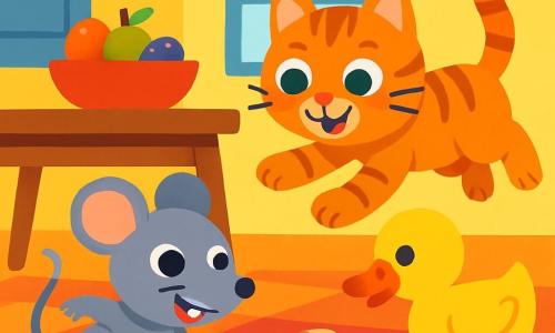Un pequeño ratón llamado Tito, con ojos brillantes y un suave pelaje gris, corre alegremente por una cocina soleada, con una gran sonrisa en su rostro. Está rodeado de trozos de pan que ruedan a su alrededor. A su lado, un gato llamado Mimi, con pelaje atigrado y ojos verdes brillantes, salta con entusiasmo para atrapar el pan. Más lejos, un pato llamado Paco, con plumaje amarillo brillante y un pico naranja, observa el pan mientras se prepara para hacerlo rodar con su pico. La cocina está llena de colores vivos: paredes amarillas, un suelo de baldosas rojas y una gran mesa de madera con frutas coloridas. La situación principal muestra a Tito, Mimi y Paco divirtiéndose juntos persiguiendo el pan que rueda, creando un ambiente alegre y juguetón.