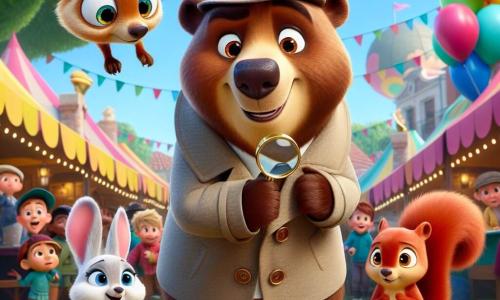 En el centro de la imagen, el personaje principal, Tito el oso, es un gran oso marrón con una sonrisa cálida y ojos llenos de curiosidad. Lleva un pequeño sombrero de detective y sostiene una lupa en su pata, observando el suelo con una expresión decidida. A su derecha, Lola la ardilla es una adorable criatura de pelaje rojizo, con grandes ojos brillantes y una cola esponjosa. Está posada en una rama de árbol, mirando atentamente hacia abajo, con una expresión de emoción y anticipación. A la izquierda, Pepe el conejo es un pequeño conejo blanco con largas orejas y un aire travieso. Está agachado, con las orejas en alto, escuchando atentamente, su rostro muestra una ligera preocupación pero también una gran curiosidad. El decorado es una hermosa plaza de pueblo colorida, llena de globos flotantes, puestos de comida y decoraciones festivas. Árboles verdes rodean la escena, y niños juegan al fondo, añadiendo un ambiente alegre y animado. La situación principal muestra a Tito, Lola y Pepe en plena investigación, buscando pistas para encontrar el sombrero desaparecido de Don Matías. Tito examina el suelo con su lupa, mientras Lola observa desde las alturas y Pepe escucha atentamente, todos concentrados en su misión de investigación.