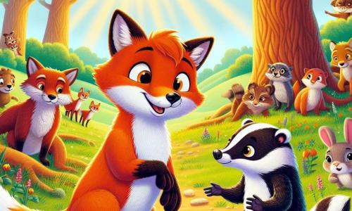 In the center of the image, a bright orange young fox named Felix, with large curious eyes and a warm smile, stands on his hind legs, ears perked up, showing an expression of determination and joy. Next to him, a striped black and white badger named Benny displays a shy but happy smile, with his front paws on the ground, ready to take a step forward. In the background, forest animals like a wise owl with brown feathers and a rabbit with large white ears watch the scene with interest and encouragement. The setting is a sunny clearing surrounded by majestic trees with vibrant green leaves, scattered with colorful flowers. The main situation shows Felix and Benny, hand in paw, addressing a group of animals gathered around a large oak tree, promoting acceptance and friendship, while a group of animals in the background listens attentively, illustrating the message of solidarity and the fight against racism.