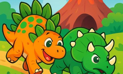 Een blije stegosaurus met groene en oranje platen op zijn rug staat in het midden van de scène, glimlachend met sprankelende ogen van opwinding. Hij rent met volle snelheid door een groene vallei, zijn stevige poten slaan energiek op de grond. Naast hem volgt een vriendelijke triceratops met witte hoorns en een grote schuilplaat om zijn nek, met een vastberaden uitdrukking. Op de achtergrond staat een majestueuze vulkaan met witte wolken erboven en kleurrijke bloemen verspreid over het gras. De hoofdscène toont de stegosaurus en de triceratops die samen naar een veilige grot rennen, terwijl een roodachtige gloed uit de vulkaan ontsnapt, wat een avontuurlijke en opwindende sfeer creëert.