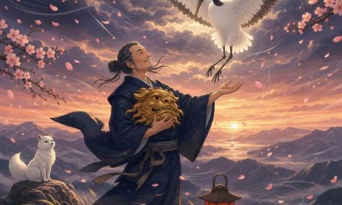 Arata, uomo dal viso dolce con lievi rughe e capelli grigio scuro raccolti, in kimono blu scuro scompigliato dal vento tiene davanti al petto una grande maschera di leone dorata e canta a braccia aperte; una lunga gru bianca dal piumaggio nacré discende calma tra nuvole che si aprono e si avvicina a lui, mentre a sinistra su una pietra una piccola volpe bianca osserva in silenzio; tutto sul crinale roccioso di un monte al crepuscolo con erba bassa scossa dal vento, rami di ciliegio e petali portati dalla brezza, la tempesta che si dissolve in bande di nubi e la luce di una lanterna rossa che tremola a terra, composizione centrata con i movimenti del vento e delle ali che guidano lo sguardo verso l'incontro.