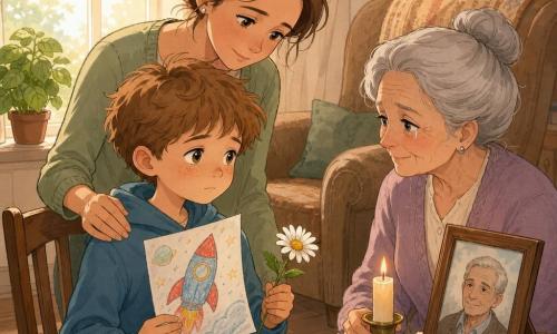 Un bambino di 8 anni, triste ma calmo, volto rotondo con lentiggini, capelli castano chiaro arruffati, occhi nocciola, seduto vicino a una finestra che tiene delicatamente un disegno di razzo colorato e una margherita bianca; la madre (donna, ~35 anni) con capelli castani raccolti, espressione dolce e protettiva, sta dietro con una mano sulla sua spalla destra; la nonna (donna, ~75 anni) con capelli grigi raccolti in chignon, occhi umidi e sorriso tenero, seduta a un tavolino di fronte con una candela accesa in un portacandela; salotto luminoso in tarda pomeriggio con tende beige chiare, poltrona di legno vecchia, tappeto dai toni caldi, foto incorniciata del nonno su una mensola e piccolo vaso con basilico sul davanzale; scena principale: un addio calmo e rispettoso — il bambino offre il disegno e il fiore alla memoria del nonno, atmosfera dolce, palette pastello (beige, verdi tenui, azzurro pallido), illuminazione calda e tenue, linee semplici ed espressive in stile fumetto.