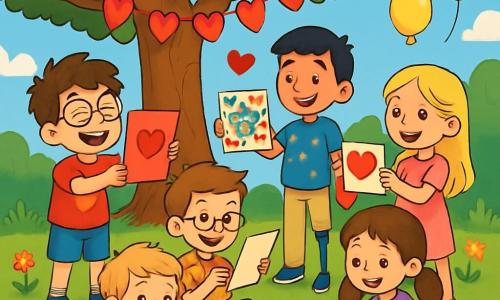 Ci sono 6 personaggi: - Luca: un ragazzo di 10 anni con capelli castani disordinati e occhiali rotondi, indossa una maglietta rossa con un cuore disegnato e un pantaloncino blu, ride mentre tiene una grande carta di San Valentino. - Matteo: un ragazzo di 10 anni con capelli biondi e lentiggini, indossa un felpa verde e jeans, è seduto sull'erba con una scatola di pastelli pronta a disegnare. - Gabriele: un ragazzo di 10 anni con capelli neri e una protesi alla gamba, indossa una maglietta blu con stelle e pantaloni beige, sta in piedi sorridendo mostrando una carta colorata agli amici. - Samuele: un ragazzo di 10 anni con capelli castani e occhiali, indossa una camicia a quadri e un pantaloncino, è seduto accanto a Matteo mentre legge una poesia ad alta voce. - Sara: una ragazza di 10 anni con capelli lunghi e biondi, indossa un vestito rosa con cuori, è in piedi sorridente mostrando una carta di San Valentino a Gabriele. - Chiara: una ragazza di 10 anni con capelli castani e due codini, indossa una maglietta viola e una gonna a fiori, è seduta sull'erba circondata da pastelli mentre disegna cuori. La scena si svolge in un parco soleggiato, pieno di fiori colorati e alberi maestosi, con un grande albero decorato con cuori di carta che crea un'atmosfera festosa. I bambini stanno creando carte di San Valentino, ridendo e scambiando idee e disegni, celebrando l'amicizia e l'amore con entusiasmo.