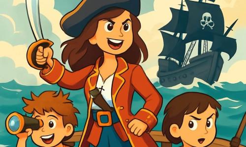 Capitana Isabella, una donna coraggiosa di circa trent'anni, si erge fiera sul ponte della sua nave pirata, la Stella dei Mari. Ha lunghi capelli castani che fluttuano nel vento e indossa un cappello da pirata decorato con una piuma rossa, il suo viso esprime una determinazione splendente. Accanto a lei, Pepe, un ragazzino di circa 10 anni, con capelli arruffati e un sorriso malizioso, aggiusta un cannocchiale, gli occhi brillanti di eccitazione. Più lontano, Mara, una ragazza di 12 anni, con capelli corti e occhi vivaci, osserva l'orizzonte con un'espressione concentrata, pronta ad avvertire la sua amica del pericolo. Lo sfondo è un vasto oceano con onde turchesi, sotto un cielo nuvoloso dove il vento soffia forte, creando un'atmosfera di tensione. In lontananza, si intravede la sagoma minacciosa di un'altra nave pirata, con vele nere, che si avvicina rapidamente. La scena principale mostra Isabella, pronta a difendere il suo equipaggio, alzando il suo spadone con coraggio, mentre il resto dell'equipaggio si prepara ad affrontare l'ignoto.