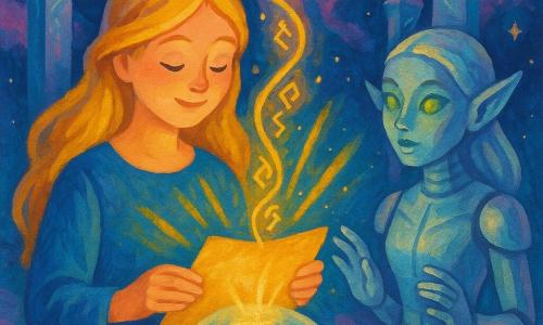 Luna, joven de cabello rubio dorado largo y brillante, sonrisa dulce, coloca un antiguo pergamino luminoso sobre una gran esfera de cristal; a su derecha Yara, elfa robótica de piel plateada y ojos verdes, lista para guiar; santuario espacial con columnas flotantes de cristal y runas grabadas, nubes de nebulosas violetas y azules y pequeñas estrellas; las runas doradas ascienden en espiral y emanan haces de luz cálida, ambiente mágico y sereno; estilo: pintura acrílica colorida, trazos suaves y redondeados, paleta luminosa (dorado, azul noche, violeta), composición centrada y apta para niños.