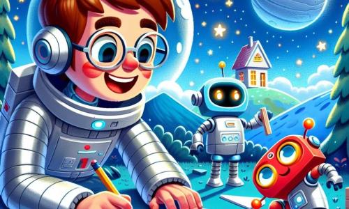 Un hombre llamado Tomás, con cabello castaño y gafas redondas, sonríe con asombro mientras construye una casa en un planeta azul. Lleva un traje espacial plateado que brilla bajo la luz de las estrellas. Cerca, dos robots ayudantes, pequeños y redondos, con ojos brillantes y brazos articulados, transportan materiales de construcción. Uno de ellos, pintado de rojo, parece muy entusiasta, mientras que el otro, de azul, está concentrado en su tarea. El lugar es un hermoso paisaje extraterrestre, con colinas ondulantes y árboles con hojas brillantes, bajo un cielo lleno de estrellas coloridas y una gran luna brillante. La escena principal muestra a Tomás, alegre y decidido, colocando los cimientos de su nueva casa, rodeado de sus amigos robots, todos trabajando juntos para crear un hogar bajo las estrellas.