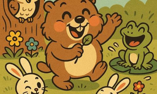 Ein kleines rundes flauschiges Murmeltier in der Bildmitte, sehr fröhlich und lächelnd, große glänzende Augen, rosige Wangen, braunes Fell und kurze Pfoten, hält ein Blatt wie ein Mikrofon und erzählt eine Witz, aufgeregte Pose mit einer erhobenen Pfote; links eine Eule im Baumstamm mit creme-braunem Gefieder, neckischem Ausdruck und leichtem Lachen, rechts ein leuchtend grüner Kröterich auf einem Seerosenblatt, aufgerissener Mund und lautes Lachen mit leichten Spritzern, vorne zwei weiße Kaninchen auf der Wiese mit langen Ohren und rosener Nasen, die herumhoppeln und lachen; sonnige Waldlichtung mit strukturierter grüner Wiese, bunten Blumen, großem Baumstamm im Hintergrund und hellem Blauhimmel mit wenigen fluffigen Wolken; Szene: gemeinsames fröhliches Lachen beim Witz der Murmeltier, warme Atmosphäre, kräftige Farben, runde Formen und dicke schwarze Konturen im retro-Cartoon-Stil, klare zentrierte Komposition für Kleinkinder.