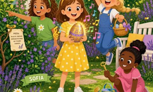 Quatro meninas reunidas num jardim ensolarado: Clara (≈9 anos, cabelo castanho médio, vestido amarelo com bolinhas brancas) está de pé no centro segurando cuidadosamente um grande ovo decorado dourado e lilás; Sofia (≈8 anos, cabelo cacheado castanho-claro, camiseta verde) olha o ovo com curiosidade e aponta para um arbusto à esquerda; Beatriz (≈10 anos, cabelo loiro em trança, jardineira azul) ri e salta à direita de Clara segurando uma pequena cesta de Páscoa; Luna (≈9 anos, cabelo preto em coque, vestido rosa) está agachada perto de um regador colorido mostrando uma chave dourada; cenário: relvado verde texturizado, tufos de lavanda roxa, um limoeiro ao fundo, um banco de madeira branco à direita, confetes dourados flutuando e luz quente da manhã; o ovo emite uma melodia visível por notas coloridas, há uma pista em papel presa a um ramo, chaves e confetes ao redor; atmosfera alegre, cores vivas, formas simples e composição centrada, adequada a crianças.