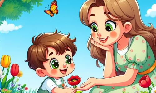 Un niño pequeño de 2 años, con cabello castaño despeinado y ojos llenos de curiosidad, está sentado en la hierba verde del jardín. Sonríe maravillado al mirar una flor roja brillante frente a él, con las manos pequeñas extendidas hacia la flor como si quisiera tocarla. A su lado, su mamá, una mujer de unos 30 años con cabello largo y castaño, lleva un vestido ligero y colorido. Se inclina ligeramente hacia adelante, sonriendo tiernamente a su hijo mientras le muestra una mariposa que vuela cerca de ellos. El jardín está lleno de flores de colores vivos: tulipanes amarillos, margaritas blancas y amapolas rojas, bajo un cielo azul claro salpicado de algunas nubes blancas. Un gran árbol con hojas verdes brillantes se alza en el fondo, añadiendo frescura a la escena. La situación principal muestra al niño maravillado por la belleza de la naturaleza en primavera, descubriendo flores e insectos, mientras su mamá lo anima a explorar y apreciar las maravillas de esta temporada.