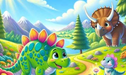 A stegosaurus named Spike, with shimmering green and blue plates on his back, expresses great joy as he jumps on a sunny path, his eyes shining with excitement. Next to him, a small triceratops named Tilly, with pink horns and a radiant smile, admires a colorful flower growing near the path. In the background, a large brontosaurus named Benny, with a long neck and brown skin, watches them kindly while sitting on the soft grass. The setting is a lush valley dotted with vibrant flowers and tall trees, under a clear blue sky with a few fluffy clouds. The main scene shows Spike and Tilly, amazed by the beauty of nature, ready to touch a magical stone shimmering on the path, promising an incredible adventure.