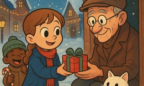 An 8-year-old girl, very smiling and slightly shy, light brown braided hair, big curious eyes, wearing a woolly blue coat and red scarf, holds a small painted wooden bird with red wings and a golden beak and offers a red-striped gift with a green ribbon and silver bell to a kindly 70-year-old man; he has a wrinkled gentle face, round glasses and a worn brown coat, sits at the door of his small wooden house and accepts the present emotionally with his hands around it. A roughly 5-year-old boy, tousled hair and green beanie, laughs and holds a candy cane behind the girl slightly left. A fluffy white cat (Marshmallow) plays with a green ribbon on a box beside the girl. Setting: snowy village street at dusk, gabled snow-covered houses, warm yellow streetlamps, falling garlands and snowflakes, sparkling footprints. Main scene: tight composition on characters, warm golden light from the house contrasting with the cold blue snow, retro cartoon style with rounded lines, saturated colors and paper textures, festive intimate atmosphere.