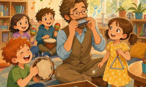 Mr. Eliot, a smiling bearded man with round glasses, plays a silver harmonica, blue musical notes drifting from it; to his right Mia, about 8, with brown pigtails and a yellow floral dress, holds a shimmering triangle by a round table; to his left slightly forward Tom, about 7, with tousled red hair and a green T‑shirt, shakes a tambourine and laughs; two other children (6–9) behind them play maracas and small drums. The after‑school room has pastel walls, large windows with golden light, bookshelves and an open wooden box of instruments on the floor. The scene is a warm, bright improvised music workshop with children gathered in a circle and stylized notes floating in the air.