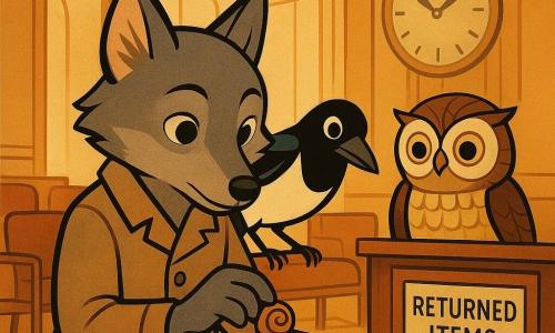 Milo, a small anthropomorphic gray wolf with bright hazel eyes, calmly places a bronze acorn engraved with spirals into a simple wooden box with a latch; Pippa, a glossy black-and-white magpie with a mischievous but peaceful look, perches on his shoulder leaning toward the box with wings slightly open; Clerk Tock, a small owl whose feathers resemble calendar tiles, smiles behind a polished wooden desk holding a 