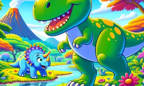 Een Tyrannosaurus Rex genaamd Timo, met een grote ronde kop, nieuwsgierige sprankelende ogen en een brede glimlach, staat aan de rand van een glinsterende rivier. Zijn lichaam is groen met gele vlekken en hij heeft krachtige poten die klaar lijken om te springen. Naast hem staat een kleine Triceratops genaamd Tessa, met drie kleine hoorns op haar voorhoofd en een lichtblauwe huid, die verwonderd kijkt naar de felle kleuren van de bloemen om haar heen. Ze buigt haar voorpoten om een bloem te ruiken. De omgeving is een weelderige vallei, vol met grote bomen met kleurrijke bladeren, stralende bloemen en een rivier die de blauwe lucht weerspiegelt. Vulkanische bergen torenen op de achtergrond, met een lichte damp. De belangrijkste situatie toont Timo en Tessa die plezier hebben terwijl ze over de rivier springen, lachend samen, terwijl kleine dinosaurussen, de "Speeltjes", hen enthousiast aankijken, klaar om zich bij hun spel te voegen.