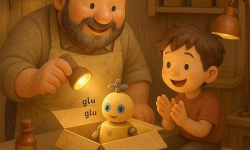 Un inventor alto y regordete con barba corta y salpicaduras de pintura en su delantal beige sostiene una pequeña lámpara que ilumina con halo cálido una caja de cartón abierta; a su derecha, un niño de unos seis años con cabello revuelto, sentado en un taburete, aplaude emocionado; del centro de la mesa emerge un juguete robot de madera redondeado pintado en amarillo pastel con ojos azules y una hélice metálica; taller acogedor con mesa de madera, virutas, tornillos de latón y herramientas en estanterías, lámparas de cobre y una botella pequeña que sugiere olor a cítricos; escena de descubrimiento tierno, colores cálidos y texturas de madera.