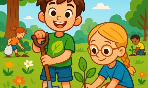 An 8-year-old boy named Tommy, with messy brown hair and sparkling curious eyes, stands at the center of the image. He wears a green t-shirt with a leaf logo and denim shorts, displaying a big enthusiastic smile while holding a shovel. Next to him is a 9-year-old girl named Mia, with braided blonde hair and round glasses. She wears a blue t-shirt and sandals, planting a small tree sapling in the ground, looking at Tommy with a determined expression. The setting is a green park filled with colorful flowers and majestic trees. In the distance, there is a clear blue sky with fluffy white clouds. The scene is lively with other children picking up litter and planting trees, creating a joyful and collaborative atmosphere. The main focus shows Tommy and Mia working together to plant trees, symbolizing their commitment to fighting climate change and making their city greener.