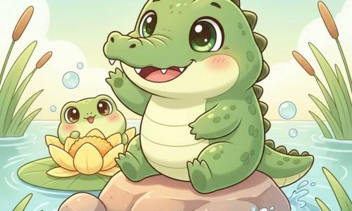 A green crocodile named Charlie with a wide smile and shiny emerald scales, joyful expression, sitting on a warm rock counting with a raised paw, and a small pale-green round frog named Fiona with big curious eyes and pink cheeks peeking mischievously from behind a large yellow flower on a lily pad, both playing hide-and-seek and gently splashing in a sunlit pale-blue river with floating lily pads, tall grasses and a few water bubbles, soft pastel sky, playful cozy atmosphere, bright colors, soft contours and rounded shapes.