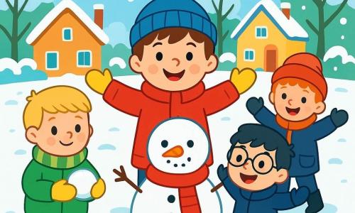 There are four children: Max, a 7-year-old boy with messy brown hair, wearing a bright red coat, a blue hat, and yellow gloves, is in the center, smiling with his arms open, ready to make a snowman. Liam, a 6-year-old boy with blond hair and rosy cheeks, dressed in a green ski suit and a striped scarf, is to the left of Max, holding a snowball in his hand. Noah, a 5-year-old boy with black hair and round glasses, wearing a navy blue coat and black boots, is to the right of Max, laughing and raising his arms. Eli, a 6-year-old boy with red hair and a bright smile, dressed in an orange jacket and a pom-pom hat, is behind Max, holding a shovel to build the snowman. The setting is a peaceful neighborhood covered in a thick layer of sparkling snow under the winter sun, with snow-laden trees lining the street and snow-covered houses in the background, creating a warm and joyful atmosphere. The main scene shows the children playing in the snow, laughing and having fun as they start building a snowman with stacked snowballs and colorful accessories like a carrot for the nose and pebbles for the eyes.