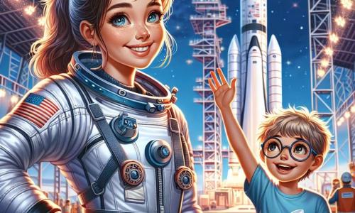 Eine Astronautin mit strahlendem Lächeln und funkelnden Augen trägt einen weißen und silbernen Raumanzug und steht vor einer glänzenden Rakete, bereit zum Start. Ihre braunen Haare sind zu einem Pferdeschwanz gebunden, während sie mit Staunen in den sternenklaren Himmel über ihr blickt, wo die Sterne wie Diamanten funkeln. Neben ihr steht ein kleiner Junge namens Tim, etwa 8 Jahre alt, mit zerzausten blonden Haaren und runden Brillen, der die Hand hebt, um ihr zuzuwinken. Er trägt ein blaues T-Shirt mit einem Raketenbild und eine Jeansshorts, während er ein großes bewunderndes Lächeln zeigt. Der Ort ist ein lebhaftes Raumfahrtzentrum mit leuchtenden Schildern und Techniker im Hintergrund, die sich auf die Startvorbereitungen konzentrieren. Die majestätische Rakete steht auf der Startrampe, umgeben von Kabeln und blinkenden Lichtern, während ein dämmeriger Himmel in Violett und Orange über ihr aufzieht. Die Hauptsituation zeigt die Astronautin, die sich auf den Einstieg in die Rakete vorbereitet, während Tim, voller Begeisterung, ihr viel Glück für ihre Reise zu den Sternen wünscht, was Freundschaft und Inspiration symbolisiert.