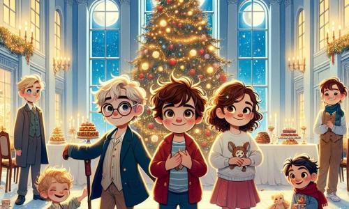 En un cálido orfanato, cuatro niños se agrupan, iluminados por la magia de Navidad. Mateo, un niño de ocho años con cabello castaño desordenado y una gran sonrisa, está en el centro, con los brazos abiertos como si recibiera la magia. A su derecha, Clara, una niña de cabello rizado y dorado, mira con ojos brillantes de asombro, sosteniendo un pequeño regalo. A la izquierda, Tomás, un niño tímido de siete años con gafas redondas, sonríe tímidamente con las manos en los bolsillos de su abrigo rojo. Detrás de ellos, Lucas, un niño de nueve años con un bastón, se muestra orgulloso, con los ojos fijos en un gran árbol de Navidad decorado con guirnaldas brillantes y bolas de colores. El lugar es un amplio salón del orfanato, con paredes pintadas de azul claro y grandes ventanas que dejan entrar la luz de la luna. Guirnaldas luminosas adornan las paredes y una gran mesa está llena de pasteles y chocolate caliente, creando una atmósfera festiva y acogedora. La escena principal muestra a los niños reunidos alrededor del árbol de Navidad, sus rostros iluminados por la alegría y la emoción, mientras comparten sus deseos y sueñan juntos con una noche mágica llena de amor y amistad.