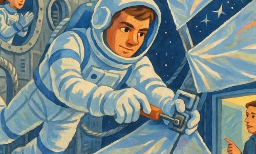 Ein Astronautenmann mit entschlossenem, ruhigem Gesicht und kurzen braunen Haaren unter hochgekappter Visier in einem weißen Raumanzug mit blauen Streifen schwebt schwerelos und repariert einen kleinen beschädigten Sensor an einem riesigen silbernen Sonnensegel; seine Handschuhe halten ein orangefarbenes Werkzeug und seine Augen sind konzentriert; ein männlicher Kollege (ca. 35) steht hinter und rechts innen an einer Panorama-Scheibe der Station in grauem Dienstanzug mit dem Finger an einer leuchtenden Konsole, besorgt aber zuversichtlich, und eine weibliche Kollegin (ca. 28) in ähnlichem Anzug mit zusammengebundenen Haaren klatscht leicht und gibt ermutigende Signale von einem nahegelegenen Modul durch eine offene Luke links; Ort: Bug einer großen Raumstation mit strukturierten Metallplatten, verdrillten Kabeln und runden Bullaugen, im Hintergrund ein Meer aus glänzenden Sonnensegeln mit irisierenden Reflexen und Sternenfragmenten; Szene: schwerelose Reparatur, sanfte Spannung und sorgfältiges Vorgehen, direktes Sonnenlicht erzeugt chromartige Reflexe und scharfe Schatten; Stil: Kinder-Gouache, opake kräftige Farben, leicht naive Linien, sichtbare Papiertextur, heroische und beruhigende Atmosphäre.