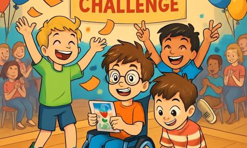 Es gibt vier Kinder: Max, ein 10-jähriger Junge mit zerzausten braunen Haaren und runden Brillen, sitzt in einem schönen blauen Rollstuhl, lächelt begeistert und hält einen bunten Flyer in den Händen. Leo, ein 9-jähriger Junge mit blonden Haaren und funkelnden Augen, trägt ein leuchtend grünes T-Shirt und Shorts. Er steht neben Max, lacht und wirft Blätter in die Luft. Tom, ein 10-jähriger Junge mit kastanienbraunen Haaren und einem schelmischen Gesicht, trägt ein gestreiftes T-Shirt und Turnschuhe. Er hockt vor Max und zeichnet Ideen in ein Notizbuch. Ben, ein 9-jähriger Junge mit schwarzen Haaren und einem breiten Lächeln, steht hinter Tom und macht eine Siegsgeste mit erhobenen Armen. Der Hauptort ist eine große Wettkampfstätte, die mit lebhaften Farben gefüllt ist. Die Wände sind mit Ballons und Girlanden dekoriert, und eine Holzbühne steht in der Mitte mit weichen Teppichen. Zuschauer sitzen auf Stühlen, lachen und klatschen, während ein großes Banner den „Laughter Challenge Wettbewerb“ ankündigt. Die Hauptsituation zeigt die vier Freunde auf der Bühne, die lustige Lieder singen und über einen rutschigen Teppich gleiten. Max führt seine Freunde mit seinem Rollstuhl in eine komische Choreografie, während Leo, Tom und Ben nacheinander fallen und ein Lachen auslösen, was eine fröhliche und lebendige Atmosphäre schafft.